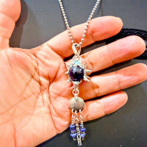 Artisan-Crafted Flail Pendant W/ Vintage Cobalt Glass Marble Quartz Lapis Lazuli - Picture 5 of 15